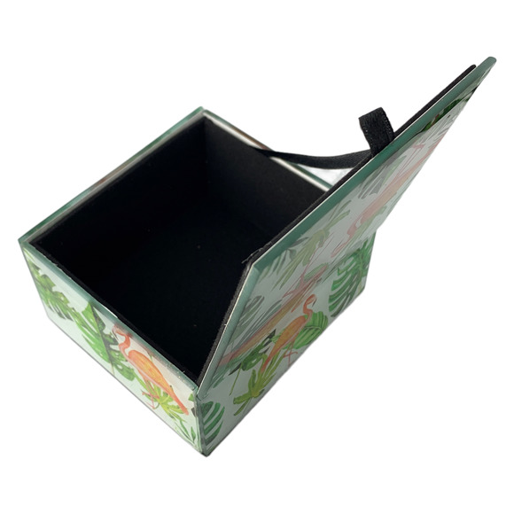 Flamingo Keepsake Box Jewelry & Trinkets, Beveled Glass, Hinged Lid, Lined 4"SQ - Picture 5 of 6